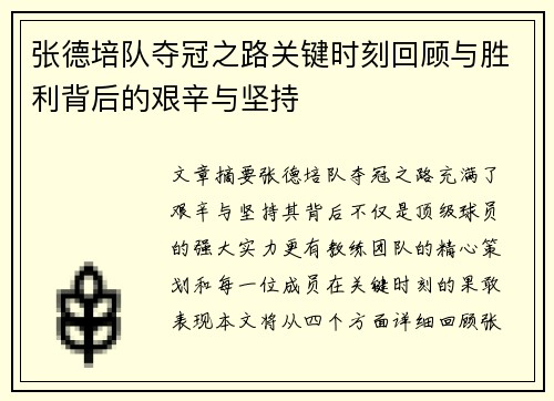 张德培队夺冠之路关键时刻回顾与胜利背后的艰辛与坚持
